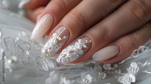 Elegant Bridal Nails with Delicate Lace and Pearl Accents on a Clean Background