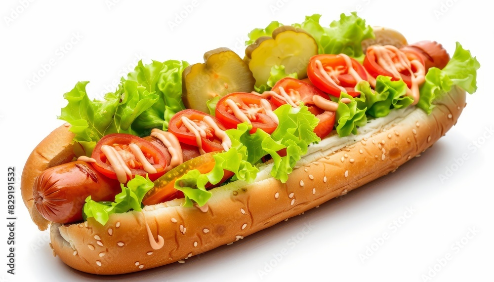Hot dog with veggies on plain background Hot dog with veggies on plain background