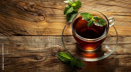 Hot mint tea on a wooden table photo