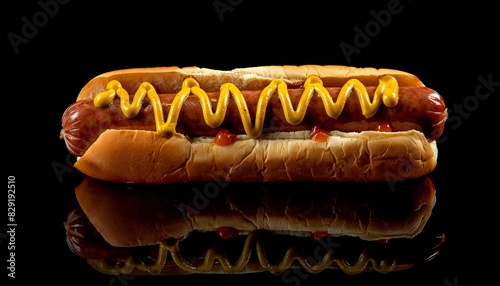 Isolated hotdog with large sausage and mustard on black background Front view