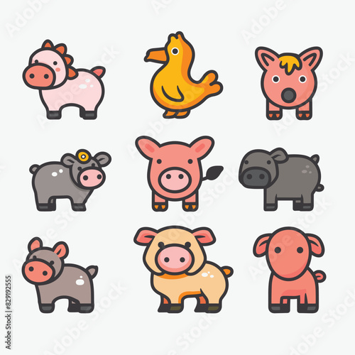 Nine cartoon farm animals, including different styles colors pigs yellow duck. Cute animals simple shapes flat design suitable childrens books games. Vector graphics livestock cheerful expressions