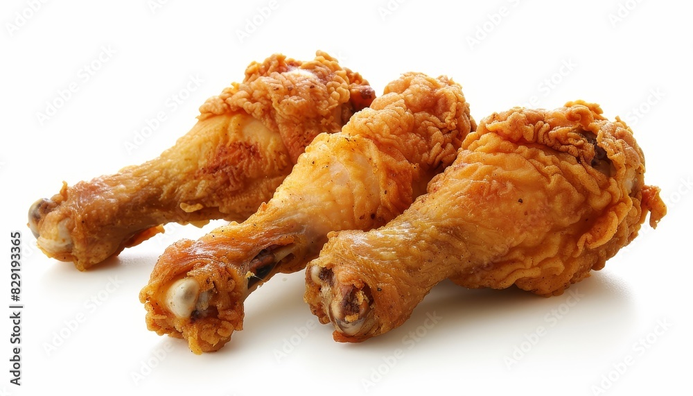 Isolated white background with hot crispy fried chicken legs Isolated white background with hot crispy fried chicken legs