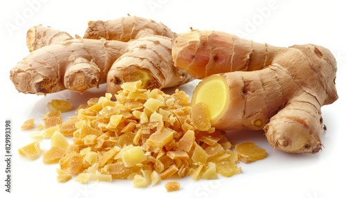 Isolated white ginger root and grained photo