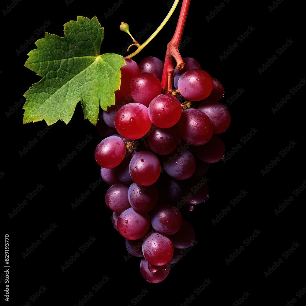 red grape with leaf on a black background
