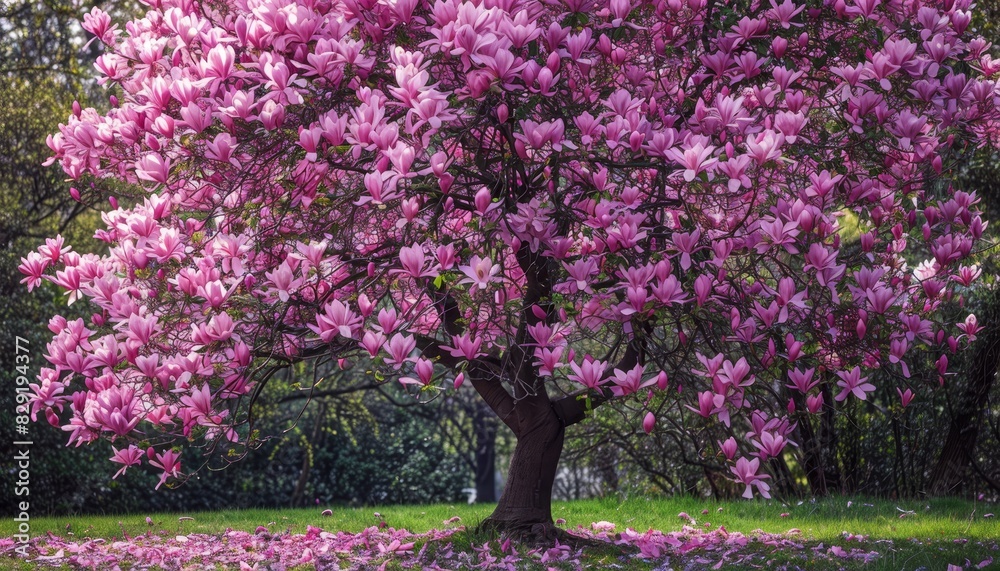 Krakow s pink magnolia tree is blooming creating a beautiful nature background with pink flowers and green leaves Krakow s pink magnolia tree is blooming creating a beautiful nature background with pink flowers and green leaves