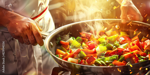 A chef expertly sautées fresh vegetables in a sizzling pan photo