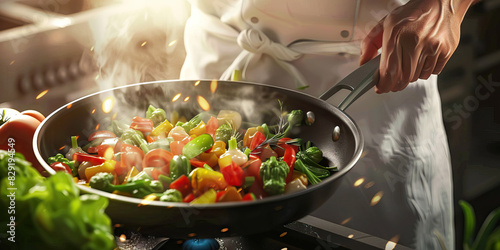 A chef expertly sautées fresh vegetables in a sizzling pan photo