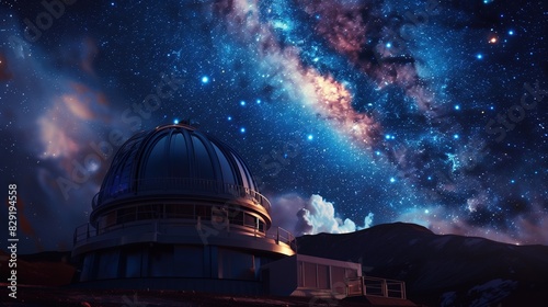 an observatory under a fantastic galaxy starry sky photo