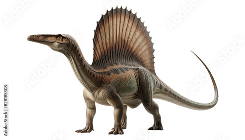 A realistic image of an isolated Spinosaurus, a large carnivorous dinosaur with a distinctive sail on its back and a long snout.