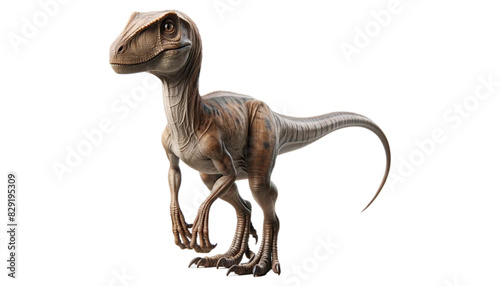 A realistic image of an isolated Velociraptor, a small, agile carnivorous dinosaur with sharp claws and a sleek body