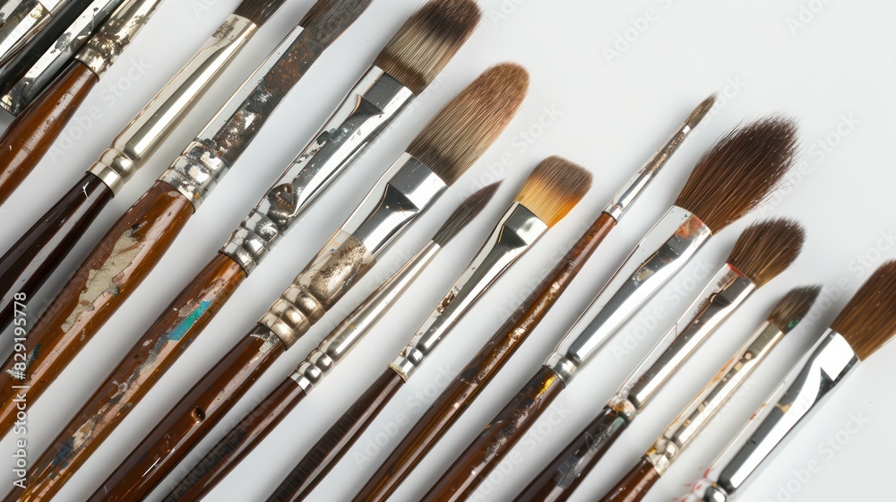 Fototapeta premium A row of small painting brushes isolated on a white background.