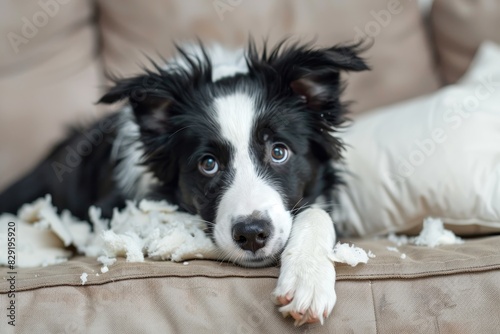 Mischievous border collie puppy bites pillow on couch causing destruction and mess in living room with guilty expression © LimeSky