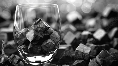 Pixelated black and white picture of a glass filled with rocks photo