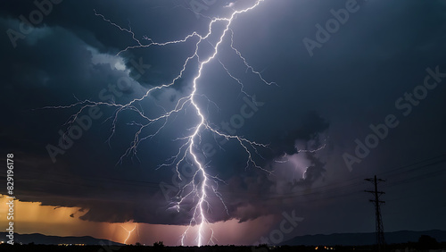 Powerful Lightning Storm Over City Power Lines at Night
