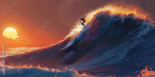 A surfer glides effortlessly atop a towering wave, the sun dipping below the horizon