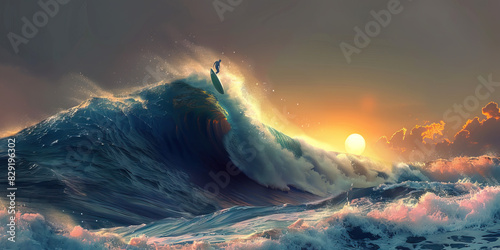 A surfer glides effortlessly atop a towering wave, the sun dipping below the horizon photo
