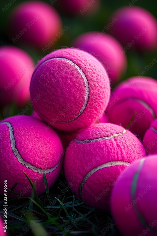 a lot of pink tennis balls in a pile, grass in the background, woman tennis commercial, sport magazine cover, social media post a lot of pink tennis balls in a pile, grass in the background, woman tennis commercial, sport magazine cover, social media post