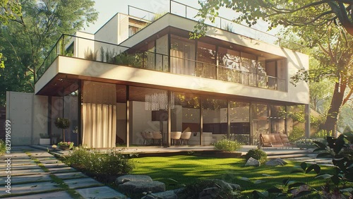 Architecture 3d rendering illustration of minimal modern house with natural landscape, Large villa with two floors and garden, Modern architecture, concrete and glass facade, minimalist style design