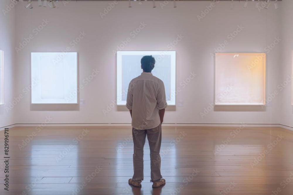 Man observing blank frames in a gallery room Man observing blank frames in a gallery room
