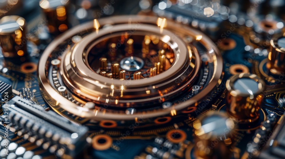 A close up of a circuit board with a gold colored circle in the center