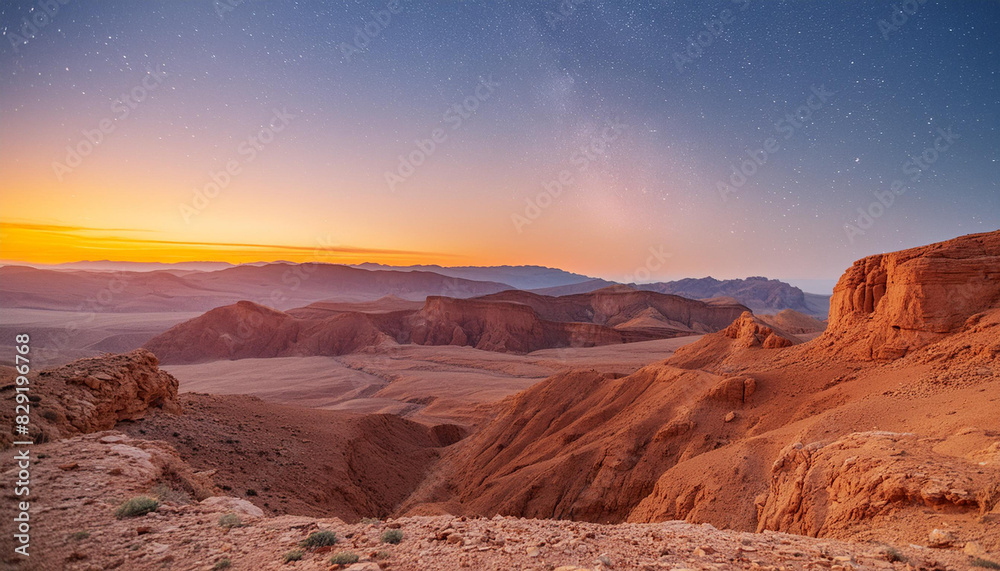 Obraz premium A scenic view of sunrise over the Martian-like landscape with a star-filled sky.