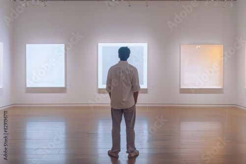 Man observing blank frames in a gallery room