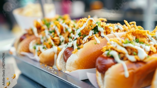 A modern and minimalist food truck featuring gourmet hot dogs with creative toppings such as ranch dressing and crispy fried onions. photo