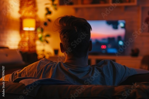 Man sits on couch back facing TV
