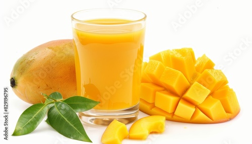 Mango juice smoothie with mango slice isolated on white background