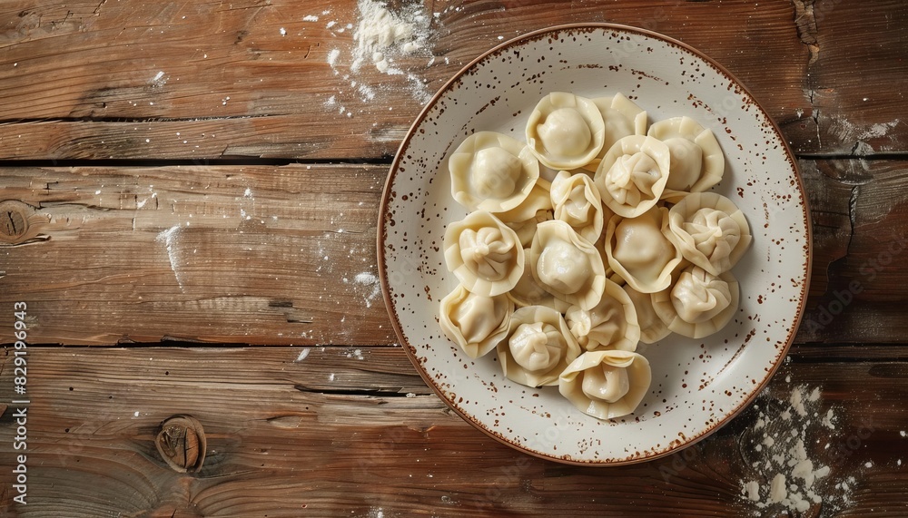 Meat filled dumplings on a plate with rustic wooden background representing Russian cuisine Meat filled dumplings on a plate with rustic wooden background representing Russian cuisine