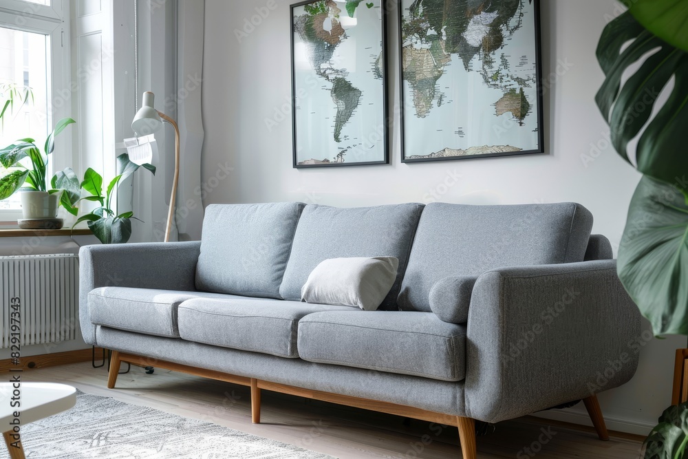 Fototapeta premium Minimalist living room with a gray sofa wood legs and map posters on white wall
