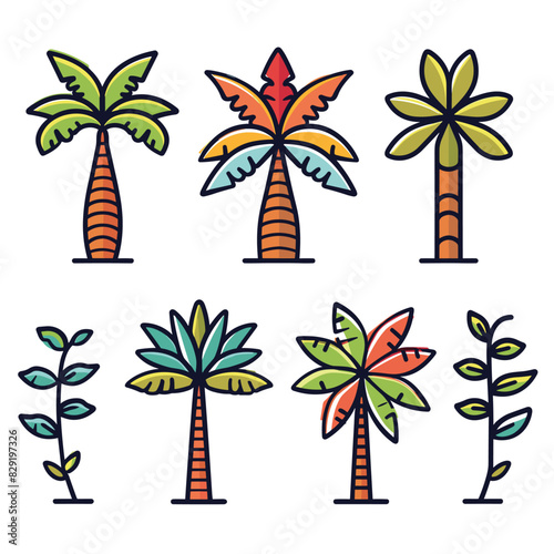 Set colorful tropical palm trees icons. Different cartoon styles palm trees, vibrant design. Collection tropical representing summer, vacation, climate