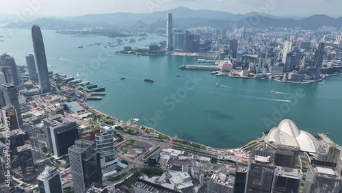 Aerial drone skyview of Hong Kong West Kowloon Victoria Harbour Financial Tsim Sha Tsui Hung Hom Central Admiralty Wan Chai Happy Valley Wong Nai Chung Stadium Tai Hang Causeway Bay Tai Hang photo