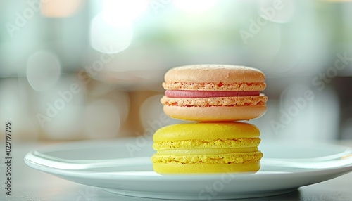 Selective focus on yellow lemon macaron in shallow depth of field fresh and colorful plate of macarons photo