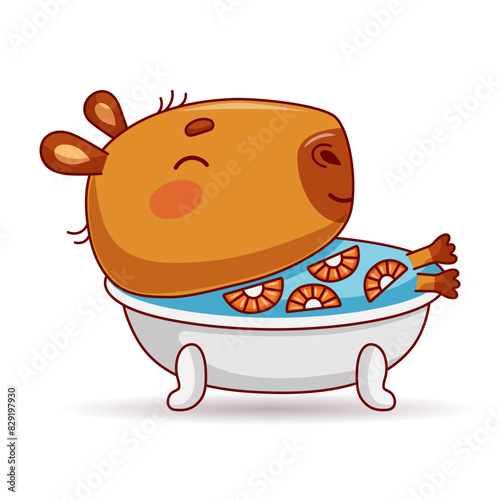 Capybara takes bath with citrus. Vector illustration.