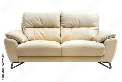 Modern cream leather sofa on white background front view in studio