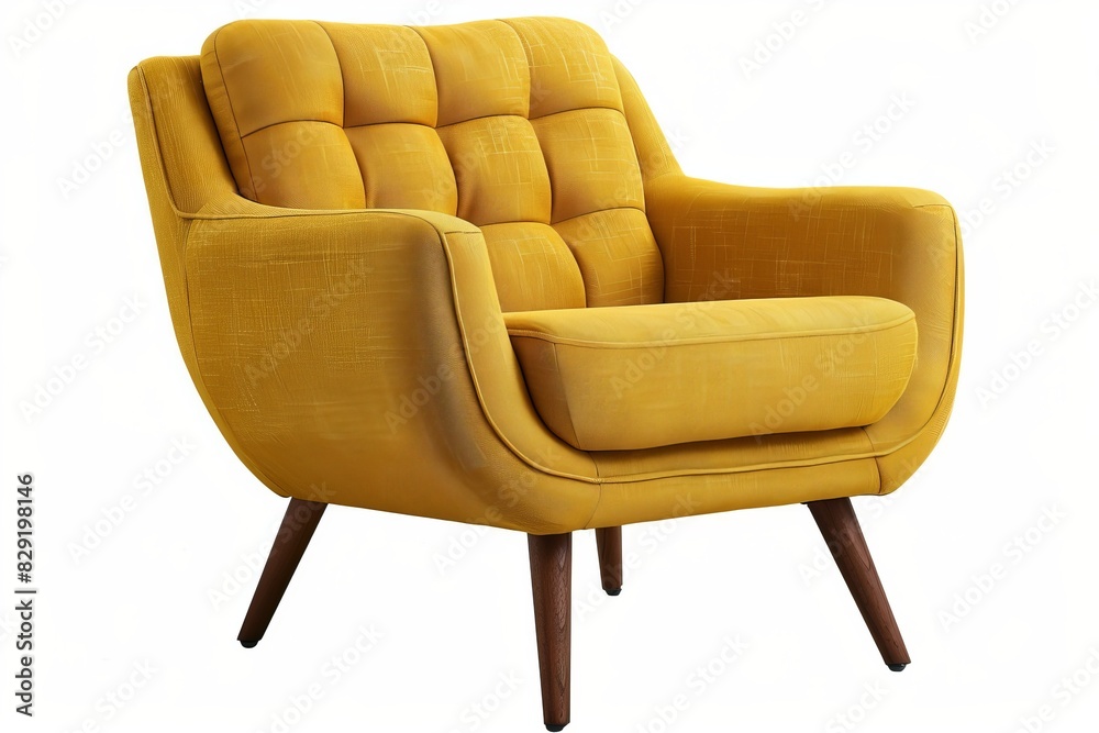 Retro style yellow armchair with fabric upholstery on wooden legs Retro style yellow armchair with fabric upholstery on wooden legs