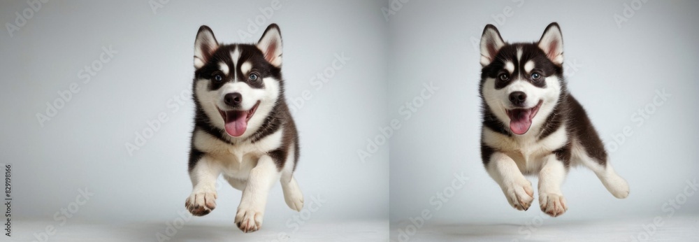 Obraz premium Funny husky or pet dog playing, jumping and looking happy during pretend play. Cute and happy crazy dog head smiling