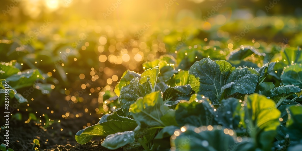 Organic vegetable garden close-up at sunset, with vibrant vegetables illuminated by golden sunlight Organic vegetable garden close-up at sunset, with vibrant vegetables illuminated by golden sunlight