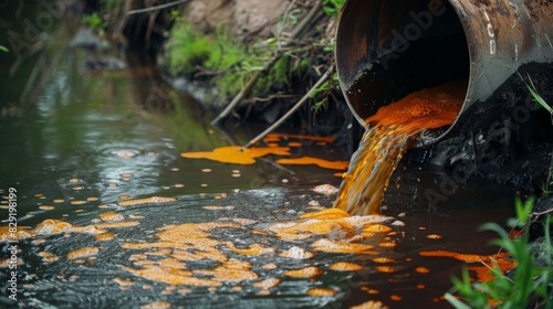 toxic waste from an industrial enterprise enters the river with wastewater from a pipe