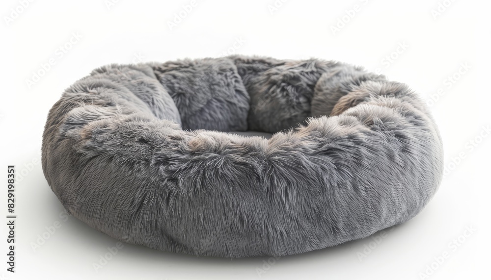 Round plush pet bed isolated on white in grey color Round plush pet bed isolated on white in grey color