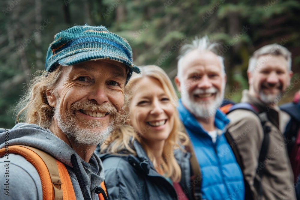 Group of senior people hiking in the forest. They are looking at camera and smiling.