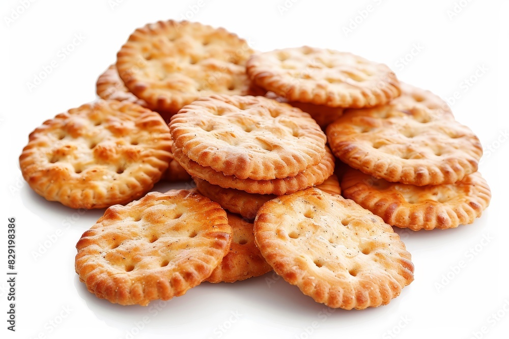 Round whole wheat cracker chips on white background