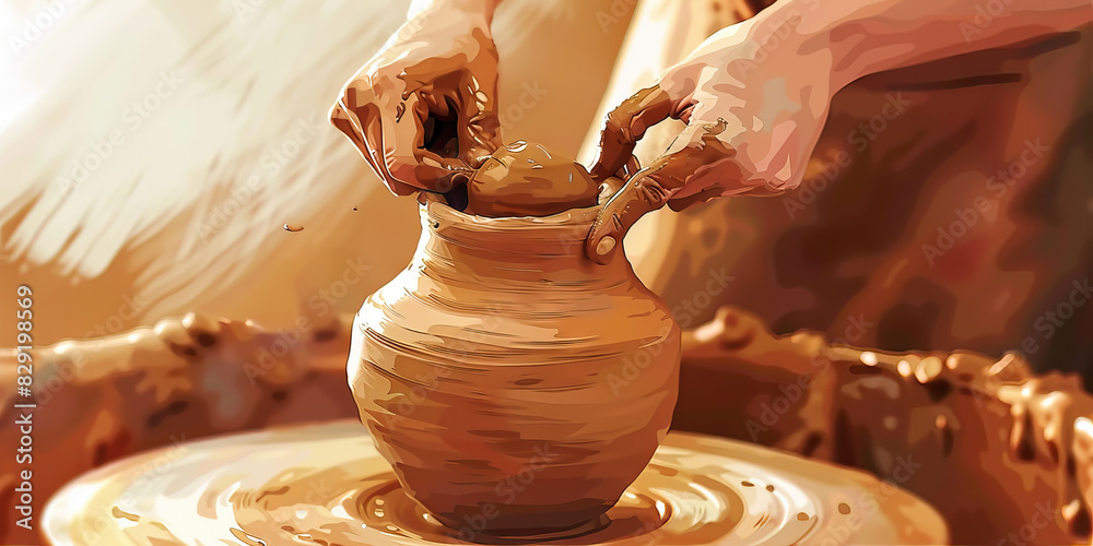 Burnt Umber Illustration: A potter shapes a lump of clay into a ...