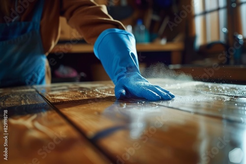 Sanitizing wood surfaces at home to prevent COVID 19 by wiping with disinfectant spray and wearing gloves photo