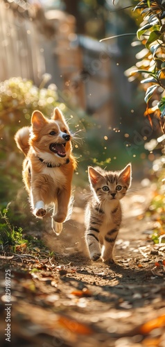 Cat and dog chasing each other in a suburban yard, fence and bushes surrounding, bright afternoon light, lively and spirited, friendly play, copy space