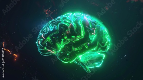 Neon Glow Brain on Black Background - Hi-Tech Human in Green Cyan Orange 