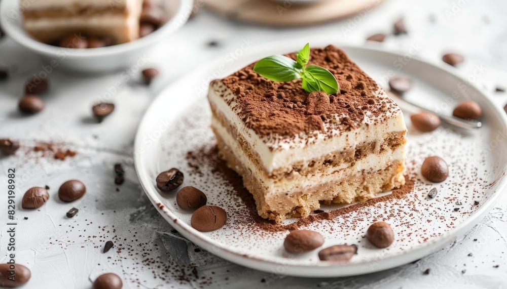 Selective focus close up of tiramisu on a marble table Selective focus close up of tiramisu on a marble table