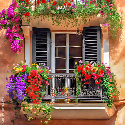 Spanish house summer window balcony garden box decorated with many flowers and plants in colored pots 