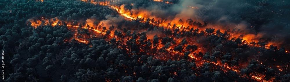 Aerial view of a massive wildfire spreading through a dense forest, with flames and smoke rising into the sky, illustrating fierce destruction.